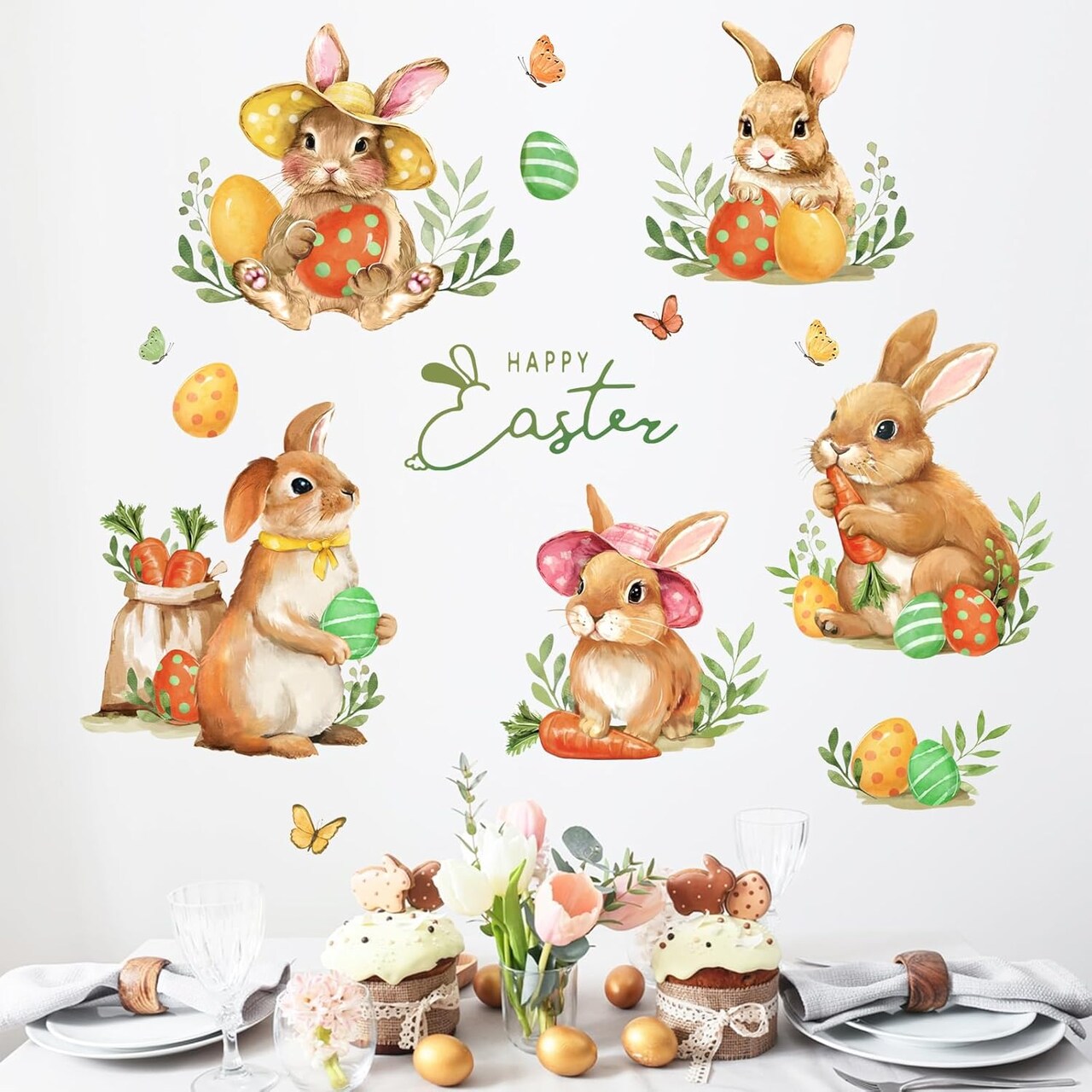 Happy Easter Bunny Wall Decals Stickers, Cute Rabbit Easter Eggs Decorations Bedroom Art, Spring Carrot Butterfly Home Kitchen Decor